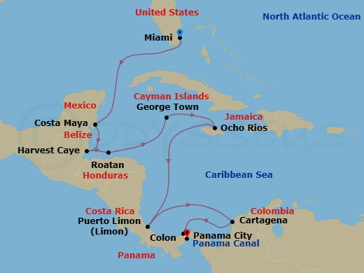 14 Night - Exotic Coasts & Casco Viejo - Seven Seas Grandeur - Starting in Miami, Cruising the Straits of Florida, Costa Maya, Mexico, Harvest Caye, Roatan, Cruising the Caribbean Sea, George Town, Ocho Rios, Jamaica, Cruising the Caribbean Sea, Puerto Limon, Cruising the Caribbean Sea, Cartagena CO, Colon, Panama Canal Transit, Panama City itinerary map