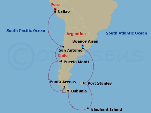 18 Night - Antarctic Encounter - Seven Seas Mariner - Starting in Buenos Aires, Cruising the Atlantic Ocean, Port Stanley, Cruising the Atlantic Ocean, Cruising by Elephant Island (Cape Lookout), Cruising Admiralty Bay, Cruising the Drake Passage, Ushuaia, Punta Arenas, Cruising the Chilean Fjords, Puerto Montt, Cruising the Pacific Ocean, Santiago (San Antonio CL), Cruising the Pacific Ocean, Lima (Callao) itinerary map