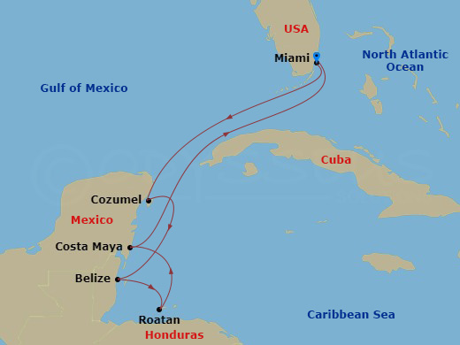 Seven Seas Grandeur - 7 Night - Rum, Roatan & Ruins - Seven Seas Grandeur - Starting in Miami, Cruising the Straits of Florida, Cozumel, Mexico, Belize City, Roatan, Costa Maya, Me.. itinerary map