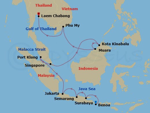 14 Night - Cities of Mystery & Magic - Seven Seas Explorer - Starting in Bali (Benoa), Surabaya, Semarang (Java), Jakarta, Cruising the South China Sea, Kuala Lumpur (Port Klang), Singapore, Cruising the South China Sea, Kota Kinabalu, Muara, Cruising the South China Sea, Phu My (Ho Chi Minh City), Cruising the Gulf of Thailand, Bangkok (Laem Chabang) itinerary map