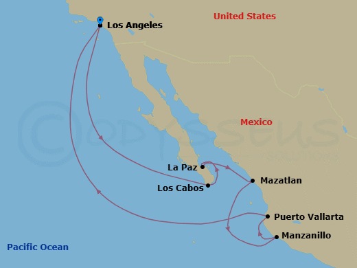10 Night - West Coast Retreat - Seven Seas Grandeur - Starting in Los Angeles, Cruising the Pacific Ocean, Cabo San Lucas, La Paz, Mazatlan, Manzanillo, Puerto Vallarta, Cruising the Pacific Ocean, Los Angeles itinerary map