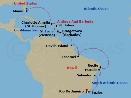 18 Night - White Sands & Brazilian Sun - Seven Seas Mariner - Starting in Miami, Cruising the Atlantic Ocean, Charlotte Amalie, St Johns, Castries, Bridgetown, Cruising the Atlantic Ocean, Devils Island, Cruising the Atlantic Ocean, Belem (Icoaraci), Cruising the Atlantic Ocean, Recife, Maceio, Salvador, Cruising the Atlantic Ocean, Buzios, Brazil, Rio De Janeiro itinerary map