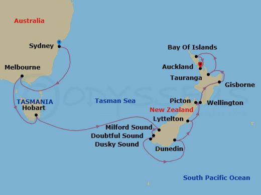 16 Night - Toast to the Fjords - Seven Seas Explorer - Starting in Sydney AU, Cruising the Tasman Sea, Melbourne, Cruising the Tasman Sea, Hobart (Tasmania), Cruising the Tasman Sea, Cruising the Fjords of Milford Sound, Cruising the Fjords of Doubtful Sound, Cruising the Fjords of Dusky Sound, Dunedin, Christchurch (Lyttelton), Picton, Wellington, Gisborne, Rotorua (Tauranga), Bay of Islands, Auckland itinerary map