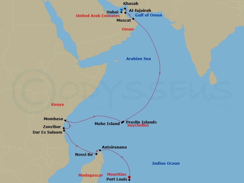 20 Night - Desert Cities & Turquoise Seas - Seven Seas Voyager - Starting in Dubai, Khasab, Fujairah, Muscat, Cruising the Gulf of Oman, Cruising the Arabian Sea, Cruising the Indian Ocean, Praslin (La Digue), Mahe, Cruising the Indian Ocean, Mombasa, Zanzibar, Dar Es Salaam, Cruising the Indian Ocean, Nosy Be, Antsiranana, Cruising the Indian Ocean, Port Louis itinerary map