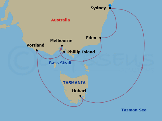 10 Night - An Aussie Celebration - Seven Seas Explorer - Starting in Sydney AU, Eden, Cruising the Bass Strait, Melbourne, Phillip Island, Portland AU, Cruising the Tasman Sea, Hobart (Tasmania), Cruising the Tasman Sea, Sydney AU itinerary map
