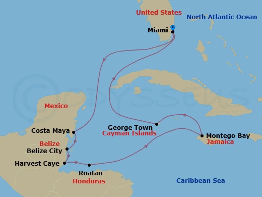 10 Night - Treasures of Belize - Seven Seas Grandeur - Starting in Miami, Cruising the Straits of Florida, Costa Maya, Mexico, Belize City, Harvest Caye, Roatan, Cruising the Caribbean Sea, Montego Bay, George Town, Cruising the Straits of Florida, Miami itinerary map
