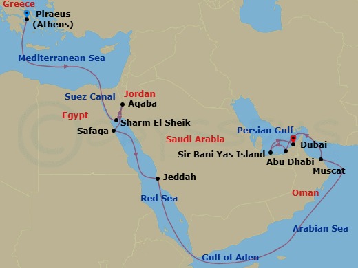 21 Night - Masterpieces of Petra - Seven Seas Voyager - Starting in Athens (Piraeus), Cruising the Mediterranean Sea, Suez Canal (Transit), Sharm El-Sheikh, Aqaba, Luxor (Safaga), Cruising the Red Sea, Jeddah, Cruising the Red Sea, Cruising the Gulf of Aden, Cruising the Arabian Sea, Cruising the Gulf of Oman, Muscat, Cruising the Gulf of Oman, Abu Dhabi, Sir Baniyas Island, UAE, Dubai itinerary map