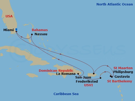 Seven Seas Grandeur - 10 Night - Riviera Chic & Caribbean Cool - Seven Seas Grandeur - Starting in Miami, Cruising the Atlantic Ocean, San Juan, Gustavia, Philipsburg, Frederiksted.. itinerary map