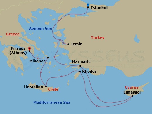 10 Night - Turkish Treasures - Seven Seas Voyager - Starting in Istanbul, Cruising the Aegean Sea, Izmir, Cruising the Aegean Sea, Marmaris, Limassol, Rhodes, Heraklion (Crete), Mykonos, Athens (Piraeus) itinerary map