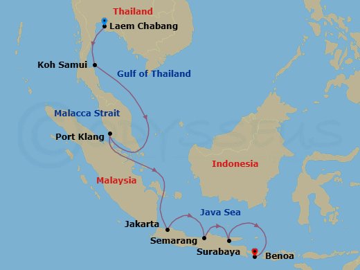 11 Night - Peaks & Pagodas - Seven Seas Explorer - Starting in Bangkok (Laem Chabang), Ko Samui, Cruising the Gulf of Thailand, Kuala Lumpur (Port Klang), Cruising the South China Sea, Cruising the Java Sea, Jakarta, Semarang (Java), Surabaya, Bali (Benoa) itinerary map