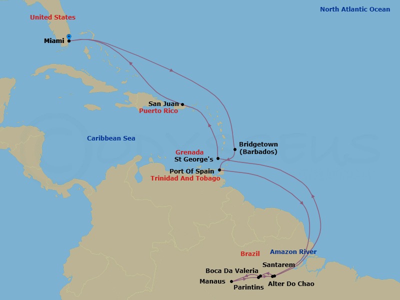 22 Night - Secrets of the Amazon - Seven Seas Mariner - Starting in Miami, Cruising the Atlantic Ocean, Bridgetown, Port of Spain, Cruising the Atlantic Ocean, Cruising the Amazon River, Santarem (Amazon River), Boca Da Valeria (Amazon River), Manaus (Amazon River), Parintins (Amazon River), Alter Do Chao (Amazon River), Cruising the Amazon River, Cruising the Atlantic Ocean, St Georges, Cruising the Caribbean Sea, San Juan, Cruising the Atlantic Ocean, Miami itinerary map