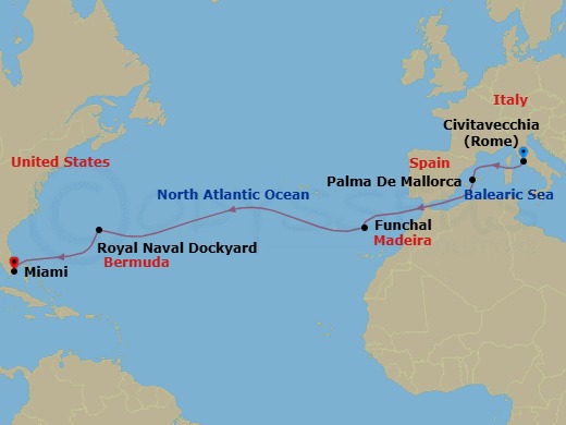 14 Night - New World Passage - Seven Seas Grandeur - Starting in Rome (Civitavecchia), Cruising the Mediterranean Sea, Palma De Mallorca, Cruising the Gibraltar Straight, Cruising the Atlantic Ocean, Funchal (Madeira), Cruising the Atlantic Ocean, Royal Naval Dockyard, Cruising the Atlantic Ocean, Miami itinerary map
