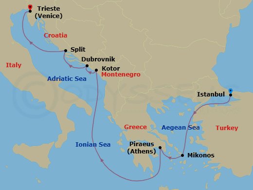 7 Night - Cultural Crossroads - Seven Seas Voyager - Starting in Istanbul, Mykonos, Athens (Piraeus), Cruising the Mediterranean Sea, Kotor, Dubrovnik, Croatia, Split, Venice (Trieste) itinerary map