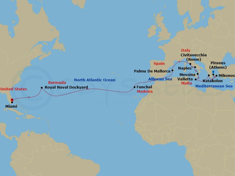 21 Night - Ionian Mosaic & Atlantic Crossing - Seven Seas Grandeur - Starting in Athens (Piraeus), Mykonos, Katakolon, Cruising the Mediterranean Sea, Valletta, Messina (Sicily), Naples / Pompeii, Rome (Civitavecchia), Cruising the Mediterranean Sea, Palma De Mallorca, Cruising the Gibraltar Straight, Cruising the Atlantic Ocean, Funchal (Madeira), Cruising the Atlantic Ocean, Royal Naval Dockyard, Cruising the Atlantic Ocean, Miami itinerary map