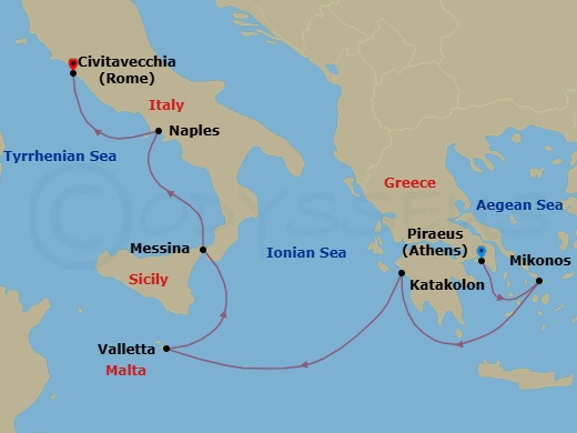 7 Night - Majestic Mediterranean - Seven Seas Grandeur - Starting in Athens (Piraeus), Mykonos, Katakolon, Cruising the Mediterranean Sea, Valletta, Messina (Sicily), Naples / Pompeii, Rome (Civitavecchia) itinerary map