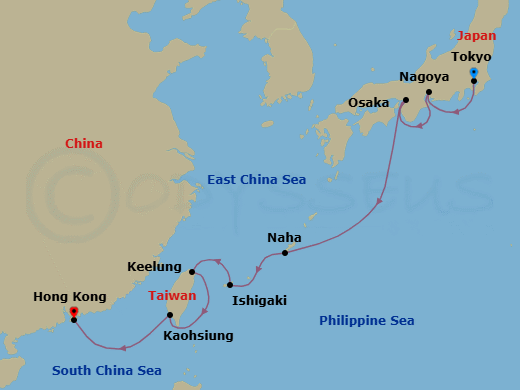 10 Night - Zen to Zest - Seven Seas Explorer - Starting in Tokyo, Nagoya, Osaka, Cruising the Philippine Sea, Okinawa (Naha), Ishigaki (Sakishima Islands), Taipei (Keelung), Kaohsiung, Hong Kong itinerary map