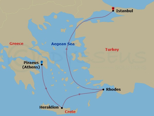 10 Night - Glamorous Grecian Nights - Seven Seas Voyager - Starting in Athens (Piraeus), Cruising the Sea of Crete, Heraklion (Crete), Cruising the Sea of Crete, Rhodes, Cruising the Aegean Sea, Istanbul itinerary map
