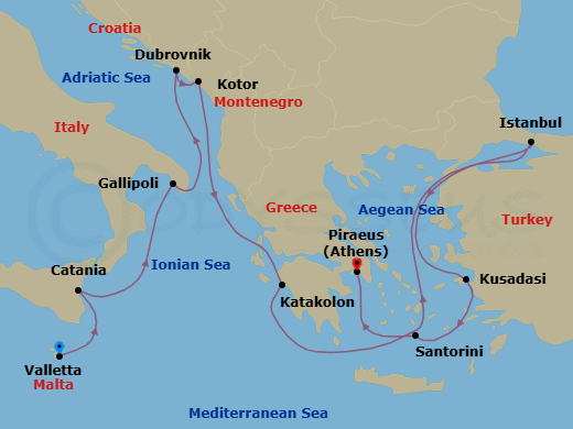12 Night - Beauty Under the Stars - Seven Seas Grandeur - Starting in Valletta, Cruising the Mediterranean Sea, Catania (Sicily), Gallipoli, Dubrovnik, Croatia, Kotor, Katakolon, Cruising the Aegean Sea, Istanbul, Kusadasi, Santorini, Athens (Piraeus) itinerary map