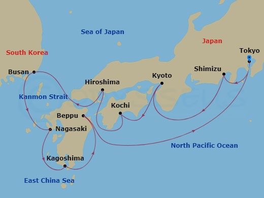 Seven Seas Explorer - 11 Night - Japan in a Journey - Seven Seas Explorer - Starting in Tokyo, Shimizu, Kyoto (Kobe), Kochi, Hiroshima, Cruising the Kanmon Straits, Busan, Nagasaki.. itinerary map