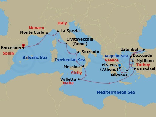 14 Night - Acropolis to Amalfi - Seven Seas Mariner - Starting in Athens (Piraeus), Mykonos, Bozcaada, Istanbul, Mytilini (Lesbos), Kusadasi, Cruising the Mediterranean Sea, Valletta, Messina (Sicily), Sorrento / Capri, Rome (Civitavecchia), La Spezia (Cinque Terre), Monte Carlo, Cruising the Mediterranean Sea, Barcelona itinerary map