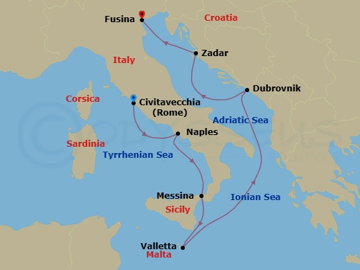 7 Night - Spotlight On Sparkling Wines - Seven Seas Voyager - Starting in Rome (Civitavecchia), Naples / Pompeii, Messina (Sicily), Valletta, Cruising the Adriatic Sea, Dubrovnik, Croatia, Zadar, Venice (Fusina) itinerary map
