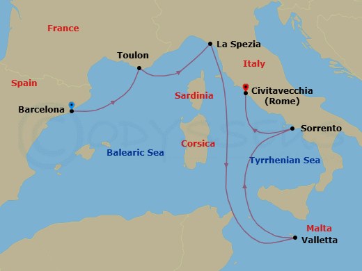12 Night - Mediterranean Nights - Seven Seas Voyager - Starting in Barcelona, Toulon, La Spezia (Cinque Terre), Cruising the Tyrrhenian Sea, Valletta, Cruising the Tyrrhenian Sea, Sorrento / Capri, Rome (Civitavecchia) itinerary map