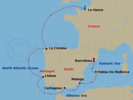 9 Night - Icons of Iberia - Seven Seas Voyager - Starting in Paris (Le Havre), Cruising the Atlantic Ocean, La Coruna, Lisbon, Cruising the Atlantic Ocean, Malaga, Cartagena ES, Palma De Mallorca, Barcelona itinerary map