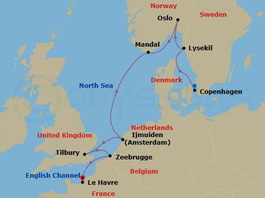 8 Night - Scenic Seaways & the Seine - Seven Seas Voyager - Starting in Copenhagen, Lysekil, Oslo, Mandal, Cruising the North Sea, Amsterdam (Ijmuiden), London (Tilbury), Bruges (Zeebrugge), Paris (Le Havre) itinerary map