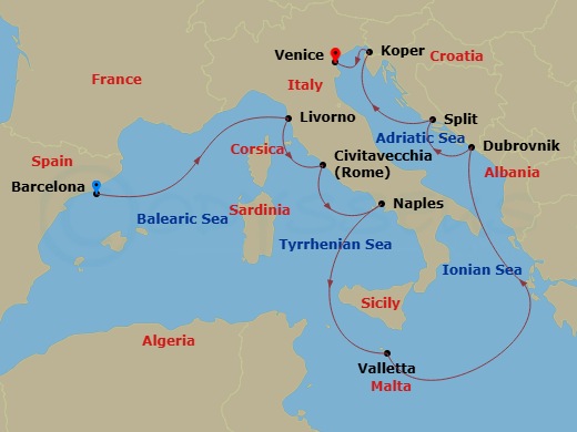Seven Seas Navigator - 10 Night - Extravagant Ionian Journey - Seven Seas Navigator - Starting in Barcelona, Cruising the Ionian Sea, Tuscany (Livorno), Rome (Civitavecchia), Naples.. itinerary map