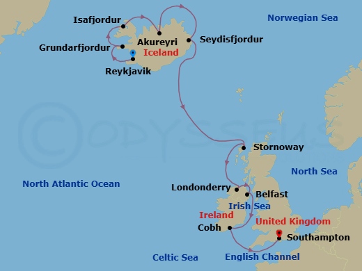 12 Night - Viking Vistas - Seven Seas Voyager - Starting in Reykjavik, Grundarfjordur, Isafjordur, Akureyri, Seydisfjodur, Cruising the Atlantic Ocean, Stornoway (Hebrides), Londonderry, Belfast, Cork (Cobh), Cruising the Celtic Sea, London (Southampton) itinerary map