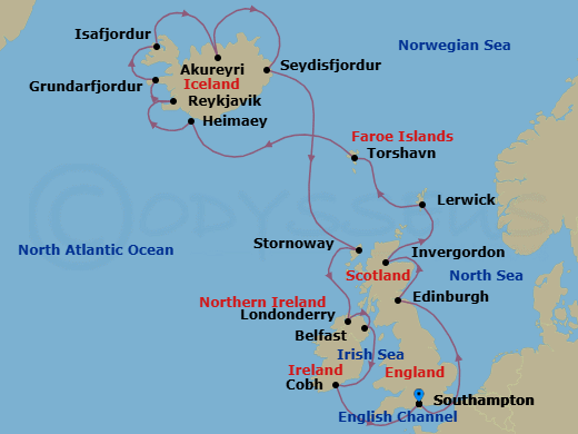 20 Night - Isles of Myth & Magnificence - Seven Seas Voyager - Starting in London (Southampton), Cruising the North Sea, Edinburgh (Rosyth), Invergordon, United Kingdom, Lerwick (Shetland Islands), Torshavn, Faroe Islands, Cruising the Atlantic Ocean, Heimaey, Reykjavik, Grundarfjordur, Isafjordur, Akureyri, Seydisfjodur, Cruising the Atlantic Ocean, Stornoway (Hebrides), Londonderry, Belfast, Cork (Cobh), Cruising the Celtic Sea, London (Southampton) itinerary map