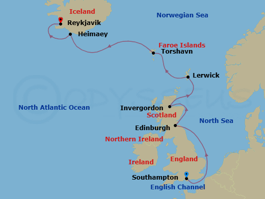 8 Night - Royal Routes - Seven Seas Voyager - Starting in London (Southampton), Cruising the North Sea, Edinburgh (Rosyth), Invergordon, United Kingdom, Lerwick (Shetland Islands), Torshavn, Faroe Islands, Cruising the Atlantic Ocean, Heimaey, Reykjavik itinerary map