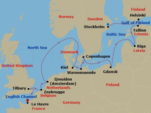 15 Night - Best of Baroque - Seven Seas Navigator - Starting in Stockholm, Helsinki, Tallinn, Riga, Cruising the Baltic Sea, Gdansk (Gdynia), Copenhagen, Berlin (Warnemunde), Kiel, Kiel Canal Transit, Amsterdam (Ijmuiden), Bruges (Zeebrugge), London (Tilbury), Paris (Le Havre) itinerary map