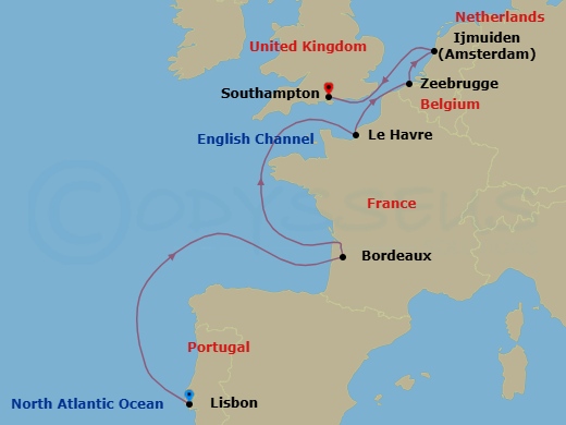 14 Night - Stylish Culture & Cuisine - Seven Seas Voyager - Starting in Lisbon, Cruising the Atlantic Ocean, Cruising the Bay of Biscay, Bordeaux, Cruising the Bay of Biscay, Paris (Le Havre), Cruising the English Channel, Bruges (Zeebrugge), Amsterdam (Ijmuiden), Cruising the North Sea, London (Southampton) itinerary map