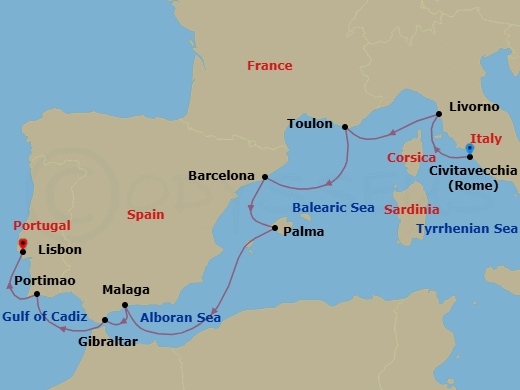 10 Night - Tuscan Summer - Seven Seas Voyager - Starting in Rome (Civitavecchia), Tuscany (Livorno), Toulon, Barcelona, Palma De Mallorca, Cruising the Mediterranean Sea, Malaga, Gibraltar, Cruising the Atlantic Ocean, Portimao, Lisbon itinerary map