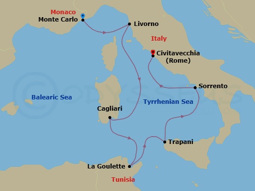 7 Night - Iconic Cote D'azur - Seven Seas Splendor - Starting in Monte Carlo, Tuscany (Livorno), Cruising the Tyrrhenian Sea, Cagliari (Sardinia), La Goulette, Trapani (Sicily), Sorrento / Capri, Rome (Civitavecchia) itinerary map