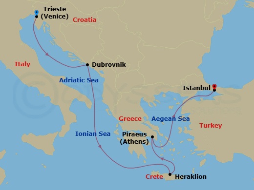 12 Night - Treasures of the Adriatic - Seven Seas Voyager - Starting in Venice (Trieste), Cruising the Adriatic Sea, Dubrovnik, Croatia, Cruising the Ionian Sea, Heraklion (Crete), Athens (Piraeus), Cruising the Aegean Sea, Istanbul itinerary map