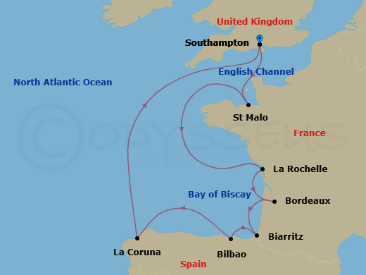 10 Night - English Channel Icons - Seven Seas Grandeur - Starting in London (Southampton), Saint-malo, Cruising the North Atlantic Ocean, La Rochelle, France, Bordeaux, Biarritz (Saint-Jean-De-Luz), Bilbao, La Coruna, Cruising the Bay of Biscay, London (Southampton) itinerary map