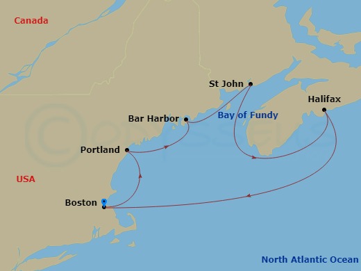 NCL Norwegian Breakaway - 7 Night - Canada & New England - Boston - NCL Norwegian Breakaway - Starting in Boston, Ma, Portland ME, Bar Harbor, Me, Saint John NB (Bay of Fundy), Halifax.. itinerary map