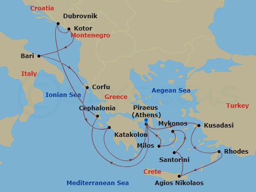 Celestyal Journey - 14 Night - Mediterranean Icons (East to West) - Celestyal Journey - Starting in Piraeus, Athens, Kusadasi, Rhodes, Agios Nikolaos, Crete, Santorini, Mykonos,.. itinerary map