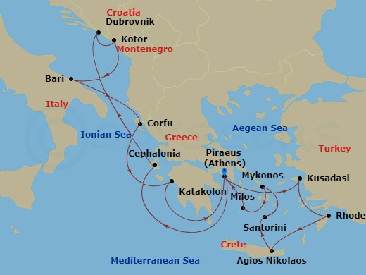 Celestyal Journey - 14 Night - Mediterranean Icons (West to East) - Celestyal Journey - Starting in Piraeus, Athens, Cephalonia, Dubrovnik, Croatia, Kotor, Bari, Kerkira (Corfu),.. itinerary map