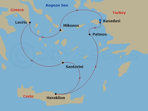 Celestyal Discovery - 3 Night - Iconic Greek Islands - Celestyal Discovery - Starting in Kusadasi, Patmos, Heraklion, Santorini, Lavrion, Athens, Mykonos, Kusadasi itinerary map