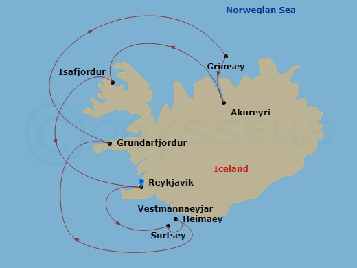 Le Laperouse - 7 Night - Icelandic Mosaic - Le Laperouse - Starting in Reykjavik, Sailing around Surtsey Island, Heimaey, Vestmannaeyjar, Grundarfjordur, Grimsey, Akureyri,.. itinerary map