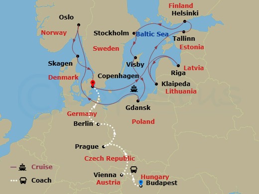 Sapphire Princess Cruise Tours - 20 Night - Imperial Treasures - Tour 1A - Sapphire Princess Cruise Tours - Starting in Budapest, Hungary, Vienna, Austria, Prague, Czech Republic, Berlin, Ger.. itinerary map