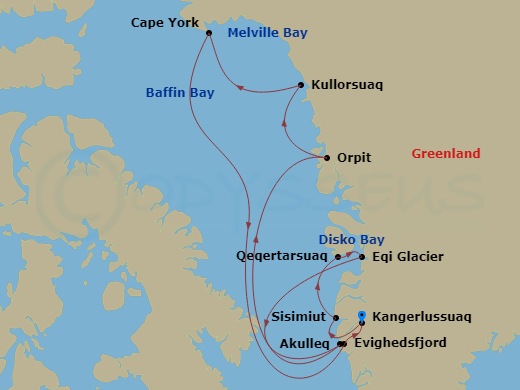L'Austral - 13 Night - Baffin Bay Secrets - L'Austral - Starting in Kangerlussuaq, Sisimiut, Disko Bay, Qeqertarsuaq, Paul-Emile Victor Base Camp, Eqi Glacier, Akulleq, O.. itinerary map