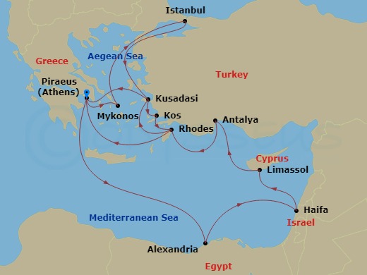 HAL Oosterdam - 21 Night - Egypt, Greece & Istanbul Collectors' Voyage - HAL Oosterdam - Starting in Piraeus (Athens), Greece, Alexandria EG (Cairo), Egypt, Haifa (Tel Aviv),.. itinerary map