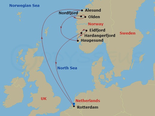 HAL Rotterdam - 7 Night - Norwegian Fjords with Nordfjord - HAL Rotterdam - Starting in Rotterdam, the Netherlands, Alesund, Norway, Olden, Norway, Scenic Cruising Nordfjord,.. itinerary map