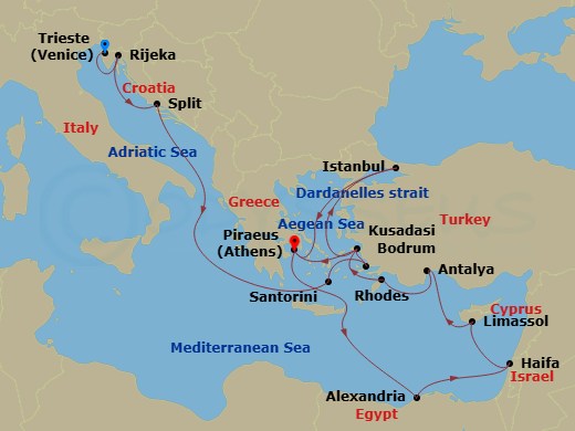 HAL Oosterdam - 21 Night - Croatia, Greece, Istanbul & Egypt Collectors' Voyage - HAL Oosterdam - Starting in Trieste (Venice), Italy, Rijeka, Croatia, Split, Croatia, Thira.. itinerary map