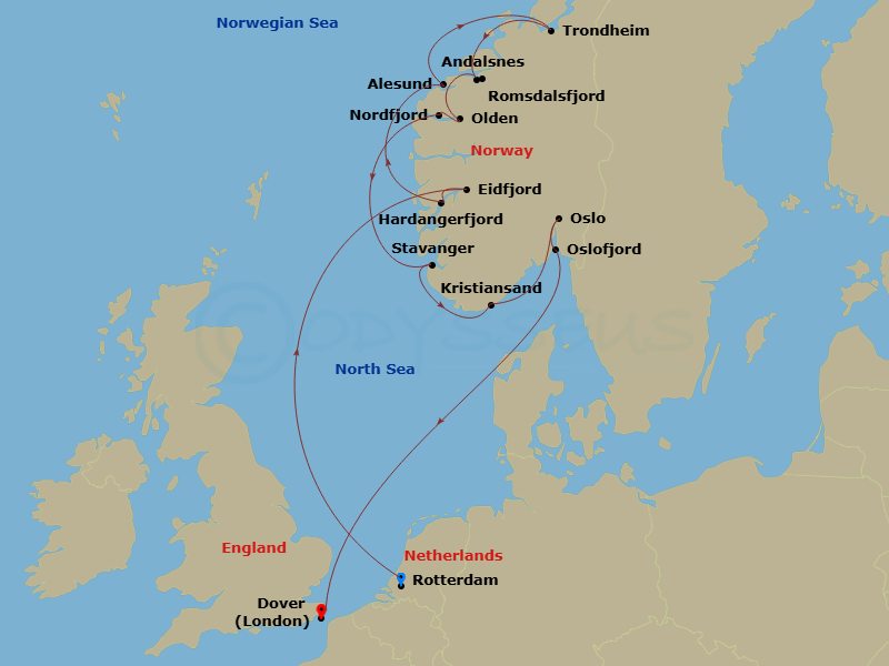 HAL Nieuw Statendam - 13 Night - Fjords of Norway : Spectacular Scenic Cruising - HAL Nieuw Statendam - Starting in Rotterdam, the Netherlands, Eidfjord, Norway, Scenic cruising Ha.. itinerary map