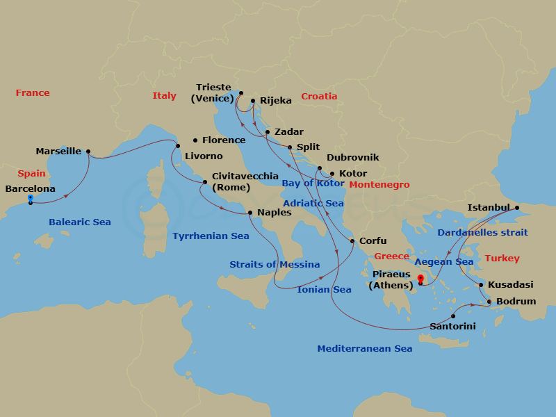 21 Night - Mediterranean Explorer Collectors' Voyage - Oosterdam - Starting in Barcelona, Spain, Marseille (Provence), France, Livorno (Florence / Pisa), Italy, Civitavecchia (Rome), Italy, Naples (Pompeii / Amalfi), Italy, Cruising Strait of Messina, Kerkira, (Corfu), Greece, Dubrovnik, Croatia, Kotor, Montenegro, Scenic cruising Bay of Kotor, Zadar, Croatia, Trieste (Venice), Italy, Rijeka, Croatia, Split, Croatia, Thira (Santorini), Greece, Bodrum, Turkey, Kusadasi (Ephesus), Turkey, Istanbul, Turkey, Cruising the Dardanelles, Piraeus (Athens), Greece itinerary map